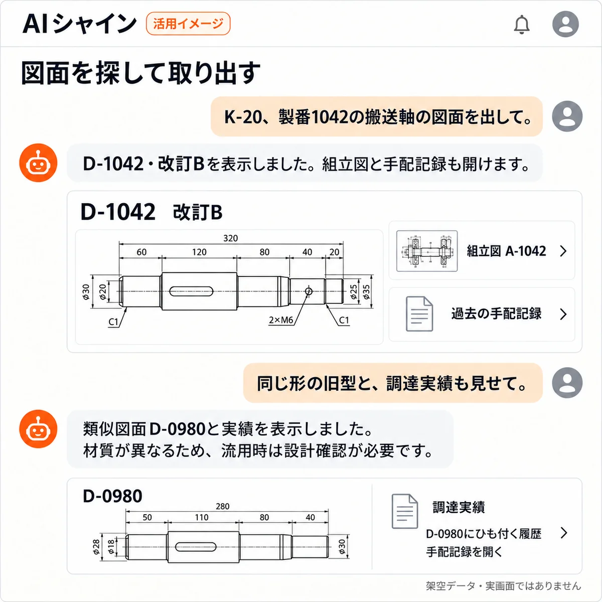 図面検索についてAIシャインと相談する架空の画面