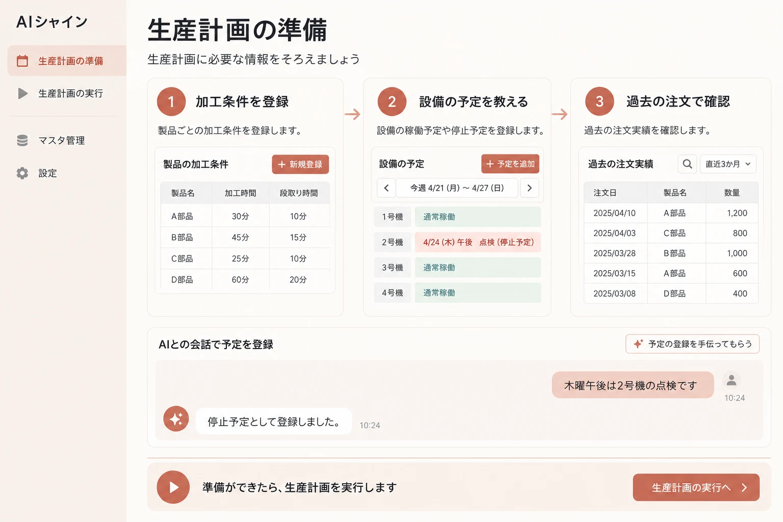 樹脂加工の運用条件を準備する架空の画面